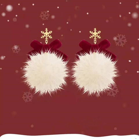 Rote Samt Schleife Weihnachten Hänger Ohrringe Goldene Schneeflocke Weißer Pelzball Festlicher Winter Schmuck Silberstecker