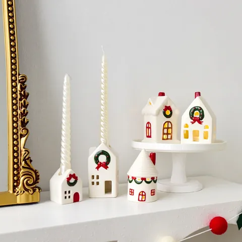 Christmas Ceramic House Ornaments White Glazed Glowing Cottage Miniature Building Desktop Decor Candlestick Festive Home Ornaments