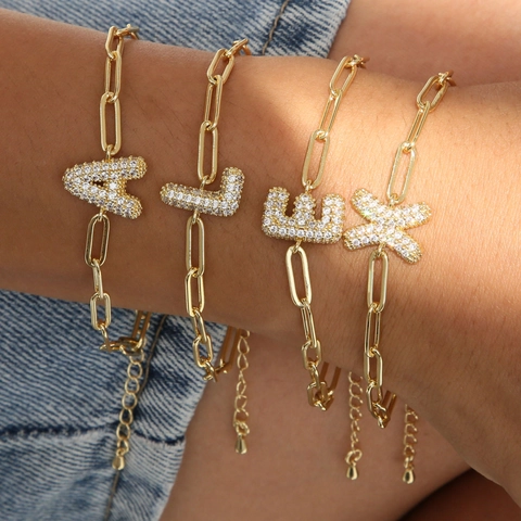 Bracelet À Maillons Paperclip En Laiton Plaqué Or 18K Avec Pendentif Lettre En Zircon Étincelant Bijoux Pour Femme