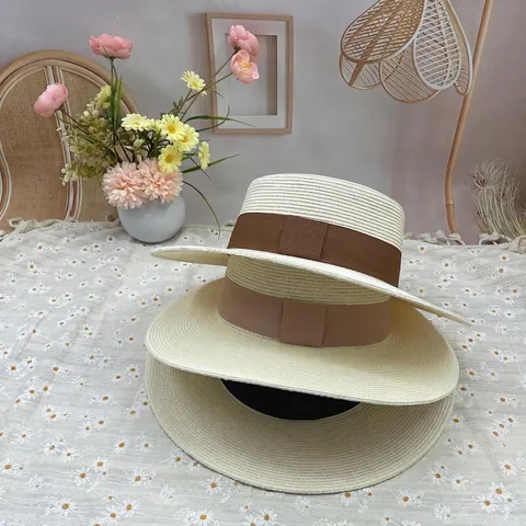 Women Paper Straw Boater Hat Wide Brim Sun Protection Grosgrain Ribbon Flat Top Elegant Summer Beach Vacation