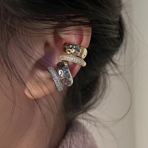 Ear Cuff Doppio Strato In Lega Trama Martellata Zircone Senza Buco Orecchini A Clip Vintage Alla Moda Da Donna
