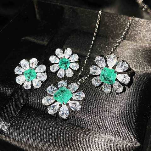 Flower Necklace Earrings Ring For Women Copper Square Blue Green Zirconia Elegant Luxury Accessories Silver Plated