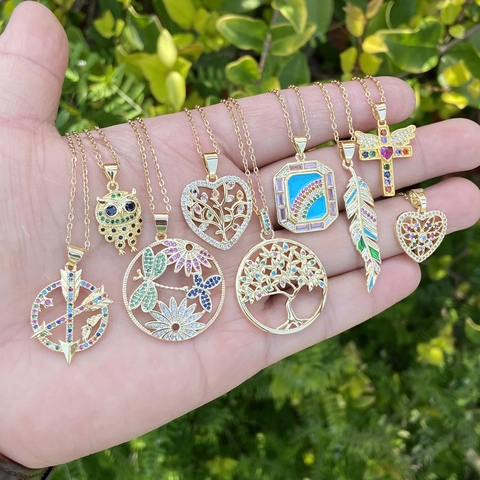 Copper Pendant Necklace With Colorful Cubic Zirconia Enamel Owl Tree Of Life Heart Designs Gold Plated Jewelry For Women