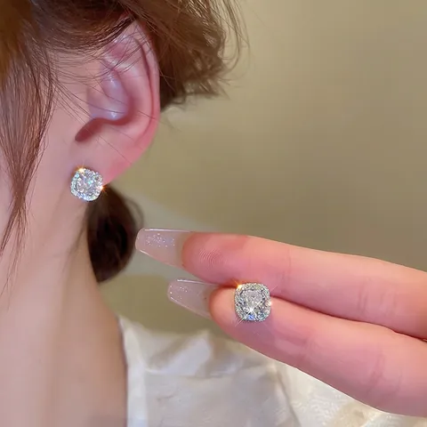 Square Zircon Stud Earrings Alloy Halo Elegant Simple Jewelry With Silver Earring Post For Women