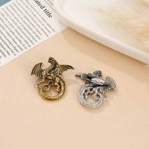 Spilla a Forma di Dragone in Lega Vintage per Uomo Donna Stile Cinese Oro Argento Antico Strass Perla Artificiale Gioielli