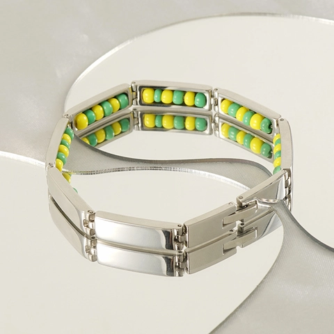 Pulsera De Eslabones Geométricos De Acero Inoxidable Con Cuentas Coloridas Marco Rectangular Joyería De Moda