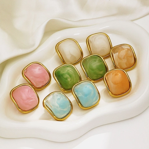 Stainless Steel Colorful Geometric Earrings Gold Plated Resin Square Teardrop C-Shaped Stud Earrings For Women Party Jewelry