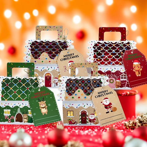 Weihnachts Haus Süßigkeiten Box Lebkuchen Form Karton Geschenkverpackung Mit Griff Anhänger Party Cartoon Tüten