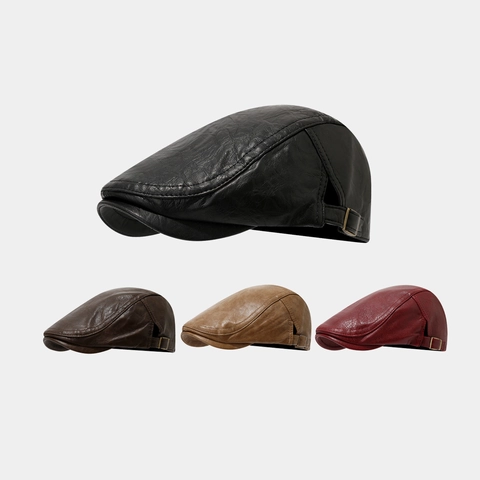 Retro PU Leather Flat Cap Adjustable Ivy Hat For Men Women Vintage Solid Color Classic Newsboy Painter Hat