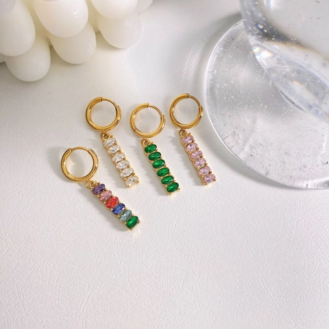 Boucles D'oreilles Créoles En Acier Inoxydable Avec Pendentif Pampille En Zircon Coloré Ovale Bijoux De Mode