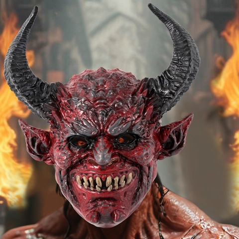 Máscara De Diablo Rojo Realista Con Cuernos Negros Colmillos Horror Satán Cubre Cara Para Halloween Cosplay Fiesta Adultos