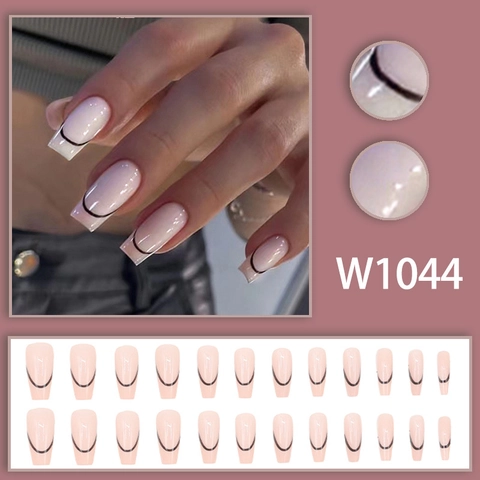 Unghie Finte Francesi Linee Nere Minimaliste Rosa Nude Lunghe Bara Unghie Artificiali Per Donne Manicure