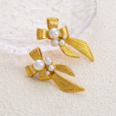 Stainless Steel Artificial Pearl Bowknot Earrings Electroplated 18K Gold Rhinestone U-shaped Geometric Jewelry For Women Gift