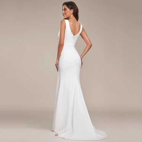 Elegante Abito Da Sposa Senza Maniche Con Scollo A V Profondo Arricciato Spacco Alto Strascico In Satin Bianco