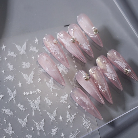 Ultra Dunne Reliëf Nagelkunst Stickers Vlinder Roos Bloem Wit Reliëf Zelfklevend Manicure Decoratie