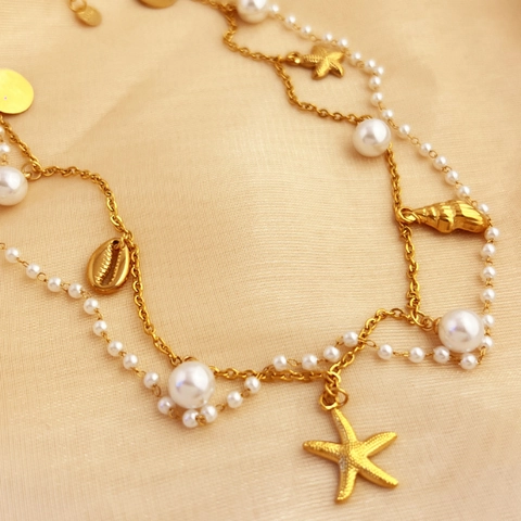 Collar de Capas de Acero Inoxidable Chapado en Oro Vintage Con Colgantes de Perla Artificial Estrella de Mar Concha Joyería de Océano