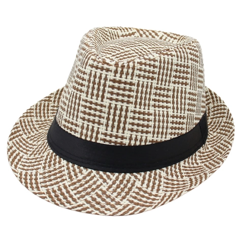 Fedora Hat Woven Paper Straw Grid Plaid Pattern Short Brim Sun Protection Jazz Cap With Black Ribbon Band Unisex