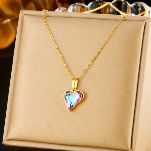 Heart Pendant Jewelry Set Stainless Steel Colorful Gradient Rhinestone Necklace Earrings Fashion For Women