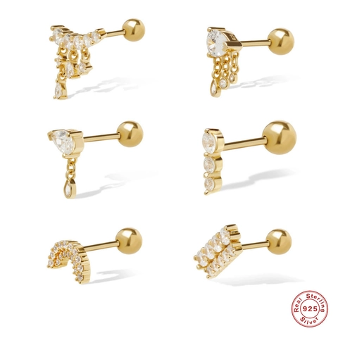 Geometric Zircon Piercing Stud With 925 Sterling Silver Earring Post Screw Back Helix Tragus Jewelry Minimalist Style