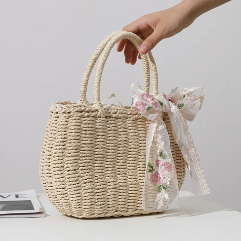 Bolso De Mano De Paja Tejida Con Lazo De Encaje Bordado Floral Bolso Cesta De Playa De Verano Para Mujer