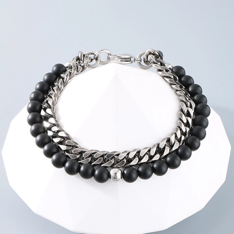 Pulsera De Doble Capa Acero Inoxidable Cadena Cubana Cuentas De Ónice Negro Mate Vintage Punk Joyería Para Hombre
