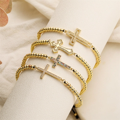 Adjustable Cross Braided Bracelet Gold Plated Copper Zirconia Inlaid Cross Pendant Bracelet For Women Men Fashion Jewelry
