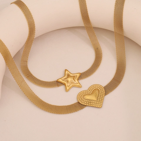 Heart Star Pendant Mesh Chain Necklace Bracelet Stainless Steel Gold Plated French Vintage Jewelry For Women