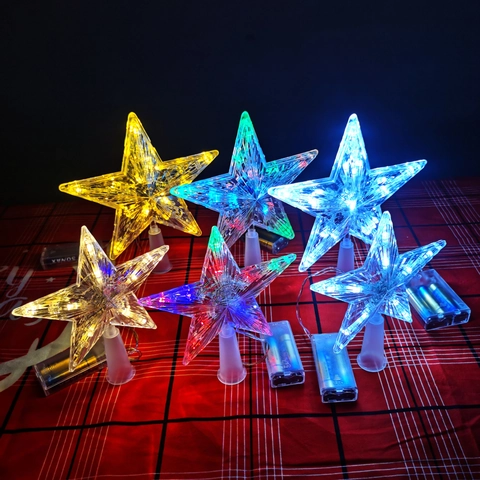 LED Christmas Tree Topper Star Transparent Glowing Pentagram Battery Operated Holiday Home Party Decor