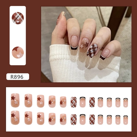 Fashionable French Plaid Star Smudge Press On Nails For Women Square Fake Nails With Glue Manicure Decoration Art Kit