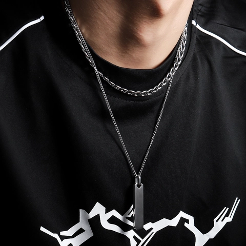 Herren Retro Edelstahl Doppellagige Halskette Geometrischer Rechteckiger Anhänger Panzerkette Industrie Punk Stil Unisex Schmuck Geschenk