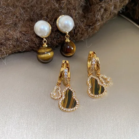 Tiger Eye Stone Pendant Earrings Vintage Gourd Design With Artificial Pearl And Zircon Micro Pave Silver Earring Post For Women