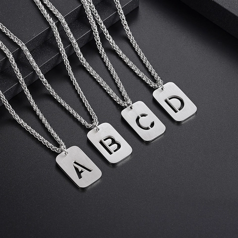 Collier Pendentif Lettre Initiale En Acier Titane Hip Hop Pour Hommes Femmes Rectangle Creux Alphabet A-Z Bijoux