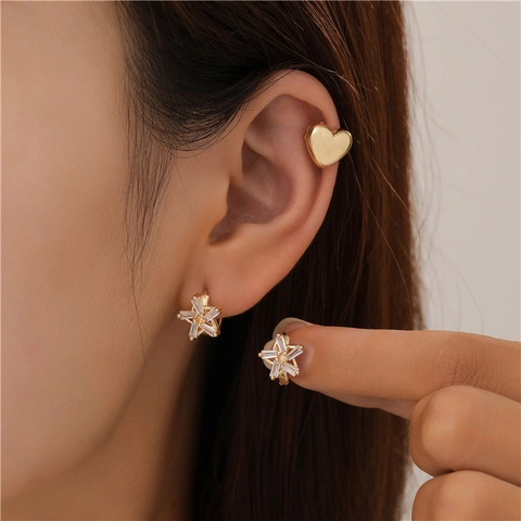 14K Vergoldete Kupfer Ohrringe Damen Geometrische Herz Stern Blumen Zirkonia Ohrclips Modeschmuck Set