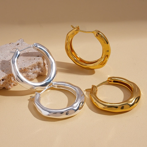 Irregular Crinkled Geometric Hoop Earrings 18K Gold Plated Copper Round Minimalist Metal Jewelry For Women