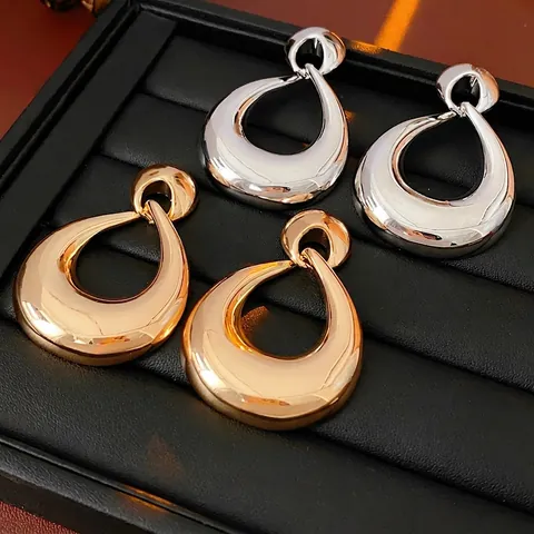 Chunky Hollow Teardrop Earrings Alloy Mirror Polish Fashion Geometric Statement Jewelry With Silver Earring Post For Women