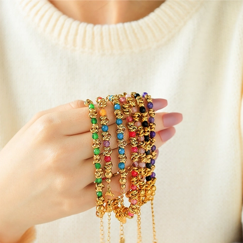 Bracciale con Perline Multicolore in Acciaio Inossidabile Placcato Oro Vintage per Donna Catena a Maglie Regolabile Minimalista Gioielli Color Caramella