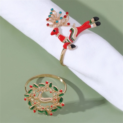 Christmas Napkin Rings Alloy Enamel Rhinestone Reindeer Tree Snowman Fox Holiday Dining Table Decoration