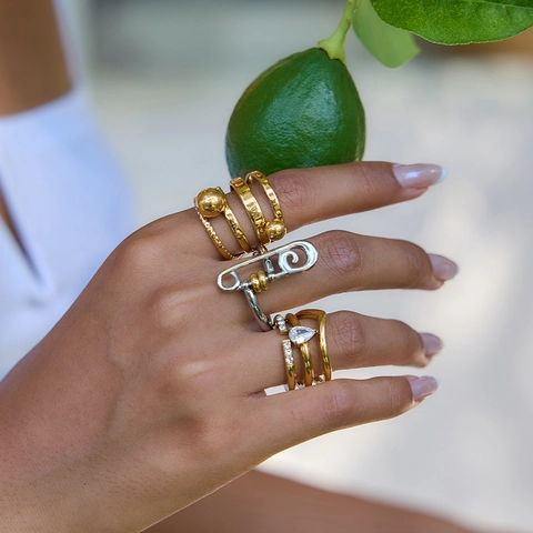 Minimalist Gold Plated Stainless Steel Multi Layer Open Ring Geometric Round Beads Twisted Rope Adjustable Jewelry For Women