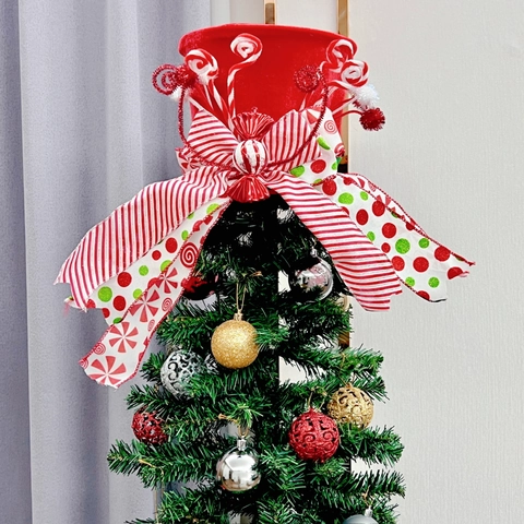 Weihnachtsbaumspitze Samt Zylinder Mit Großer Schleife Zuckerstange Elfenbeine Feiertag Party Dekoration
