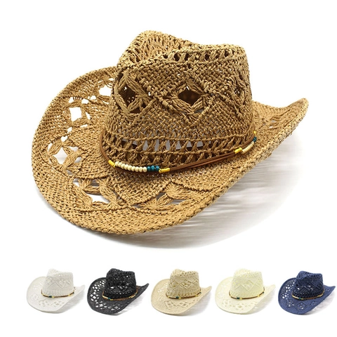 Chapeau De Cow-Boy En Paille De Papier Ajouré Large Bord Protection Solaire Été Plage Style Bohème Bande Perlée Femmes