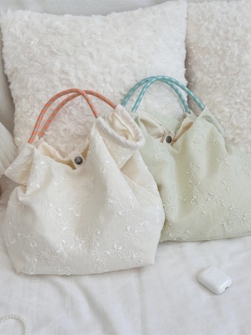 Borsa A Mano Donna Ricamo Floreale Poliestere Tela Tote Con Manico In Corda Intrecciata Stile Pastorale Casual Morbida