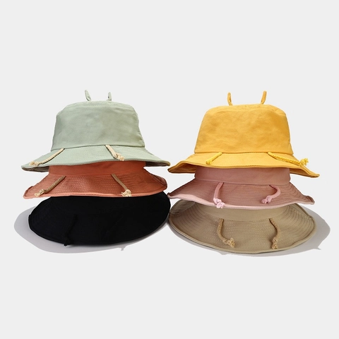 Cappello Alla Pescatora Cotone Tela Carino Corno Decorazione Corda Regolabile Pieghevole Estate Protezione Solare Stile Dolce