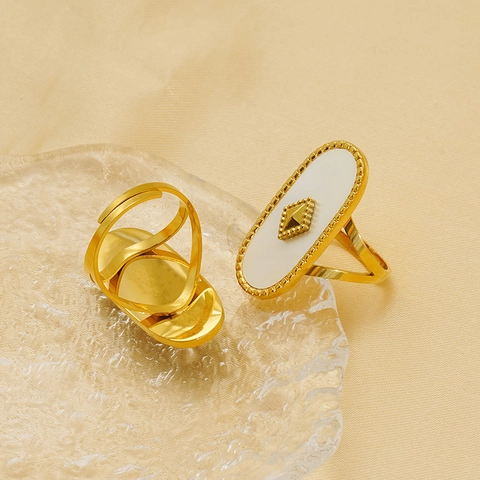 Retro French Palace Style Ring Women Stainless Steel Gold Plated Oval Turquoise Shell Adjustable Open Finger Jewelry Vintage