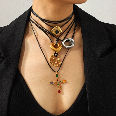 Collana Con Ciondolo In Acciaio Inossidabile Vintage Cuore Croce Spirale Quadrato Con Cordino In Cera Nera Gioielli Retro
