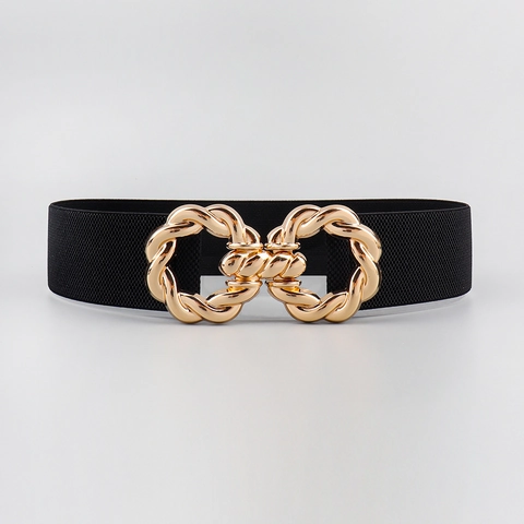 Women Fashion Elastic Wide Waist Belt For Dresses Coats Stretch Cinch Belt With Interlocking Twisted Metal Buckle Accessory