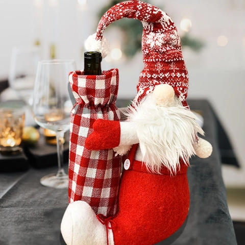 Funda Para Botella De Vino De Navidad Gnomo Muñeca Sin Cara Punto Tela Cuadros Decoración Mesa De Comedor Fiesta Estilo Escandinavo