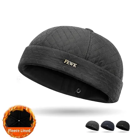 Men Quilted Docker Hat Fleece Lined Warm Winter Skullcap Retro Brimless Beanie Adjustable Polyester