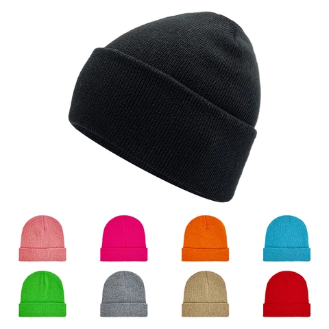 Solid Color Winter Knit Beanie Hat Cuffed Ribbed Warm Acrylic Soft Stretchy Unisex Outdoor Daily Wear Accessory