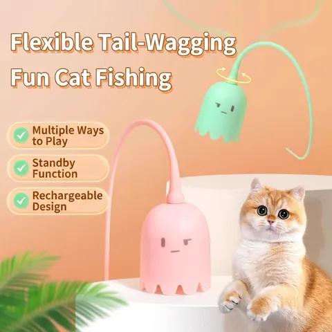 Interactive Electric Cat Toy Smart Automatic Rotating Tail Silicone USB Rechargeable Stick For Indoor Cats Boredom Relief