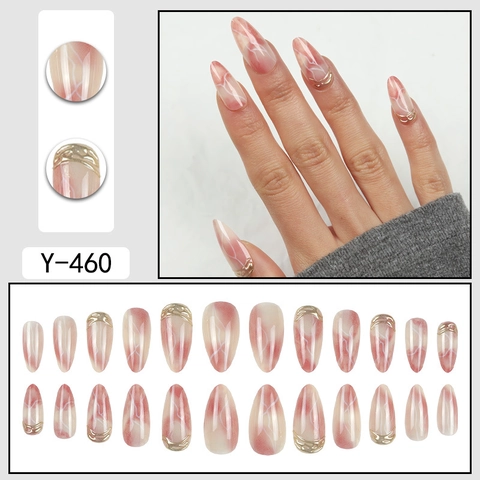 Unghie Finte Lunghe Stiletto Motivo Marmo Rosa Con Accenti Linea Dorata 3D Unghia Artificiale In Resina
